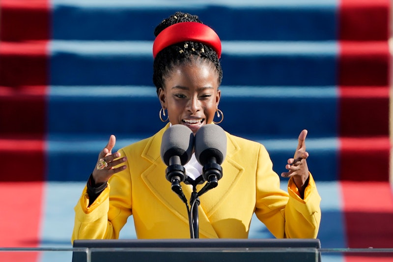 American poet Amanda Gorman reads a poem during the 59th Presidential Inauguration at the US Capitol...