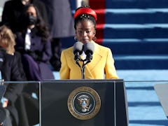 WASHINGTON, DC - JANUARY 20: Youth Poet Laureate Amanda Gorman speaks during the inauguration of U.S...