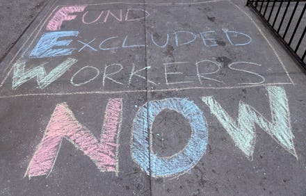 NEW YORK, NEW YORK - MARCH 23: A general view of workers and community allies who are entering the s...