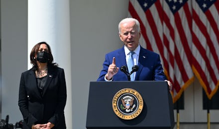 US President Joe Biden, with Vice President Kamala Harris, speaks about gun violence prevention in t...