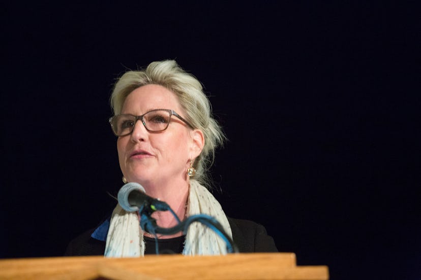 EDMOND, OK - FEBRUARY 23: Erin Brockovich speaks during an Oklahoma Earthquake Town Hall Meeting at ...