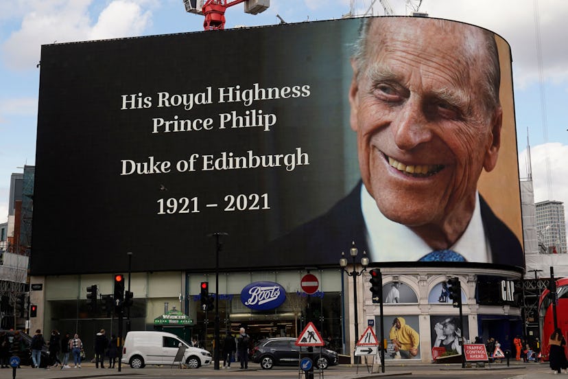 TOPSHOT - The electronic billboard at Piccadilly Circus displays a tribute to Britain's Prince Phili...