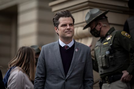 CHEYENNE, WYO, - JAN 28: U.S. Representative from Florida Matt Gaetz waits to speak to a crowd outsi...