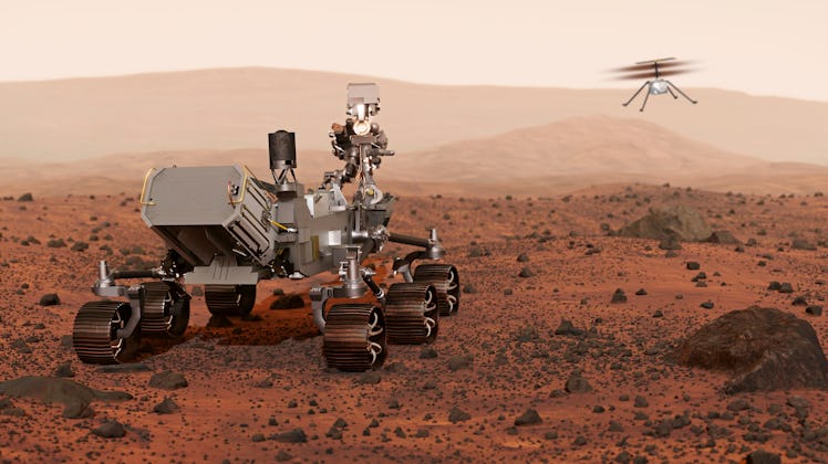 Artwork of NASA's Mars 2020 mission. The mission consists of a 3-metre-long rover called Perseveranc...