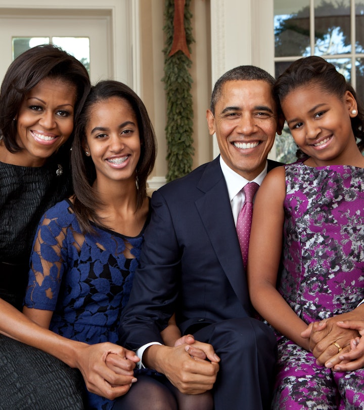 In this handout provided by the White House, (L - R) First Lady Michelle Obama, Malia Obama, U.S. Pr...