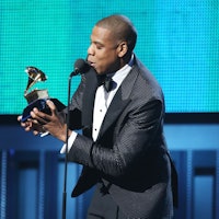 LOS ANGELES, CA - JANUARY 26:  Jay-Z speaks onstage during the 56th GRAMMY Awards held at Staples Ce...