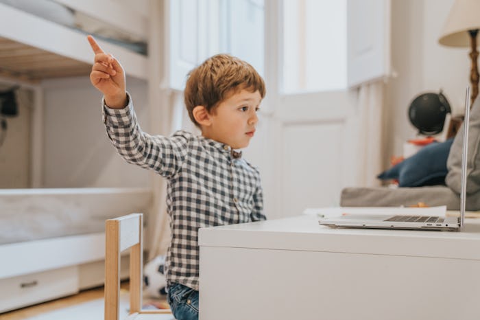 Boy attending to online school class.