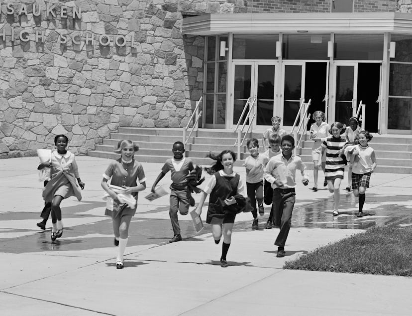 A 1960s school lets out for summer.