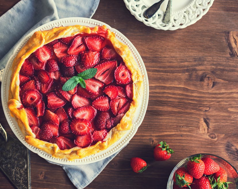Freshly baked strawberry galette or open strawberry pie.