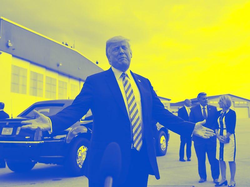 TOPSHOT - US President Donald Trump speaks to the press upon arrival at Yeager Airport in Charleston...