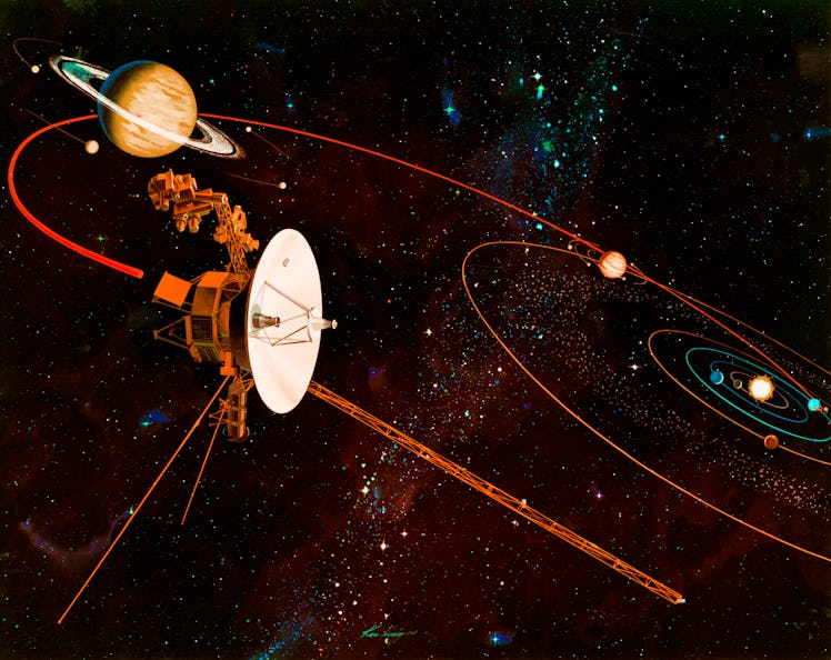 An artist's impression (circa 1977) of the trajectory to be taken by NASA's Voyager 1 and Voyager 2 ...