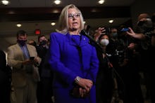 WASHINGTON, DC - MAY 12: Rep. Liz Cheney (R-WY) talks to reporters after House Republicans voted to ...