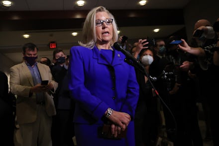 WASHINGTON, DC - MAY 12: Rep. Liz Cheney (R-WY) talks to reporters after House Republicans voted to ...