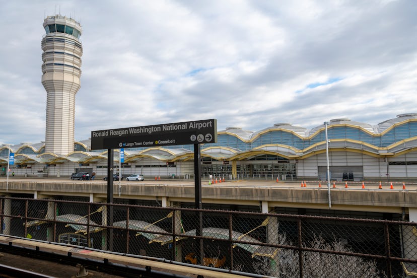 View from the Ronald Reagan Washington National Airport metro station, looking toward the terminal a...