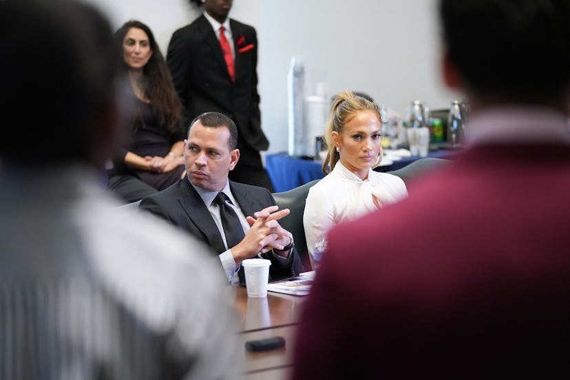 Alex Rodriguez and Jennifer Lopez at Yankee Stadium in 2018 for the Project Destined Yankees Shark T...