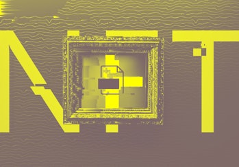 Digital generated image of NFT letters behind golden frame with digital art visualizing blockchain t...