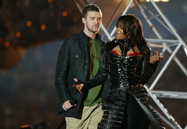 Justin Timberlake and Janet Jackson perform during the half - time show at Super Bowl XXXVIII (Photo...