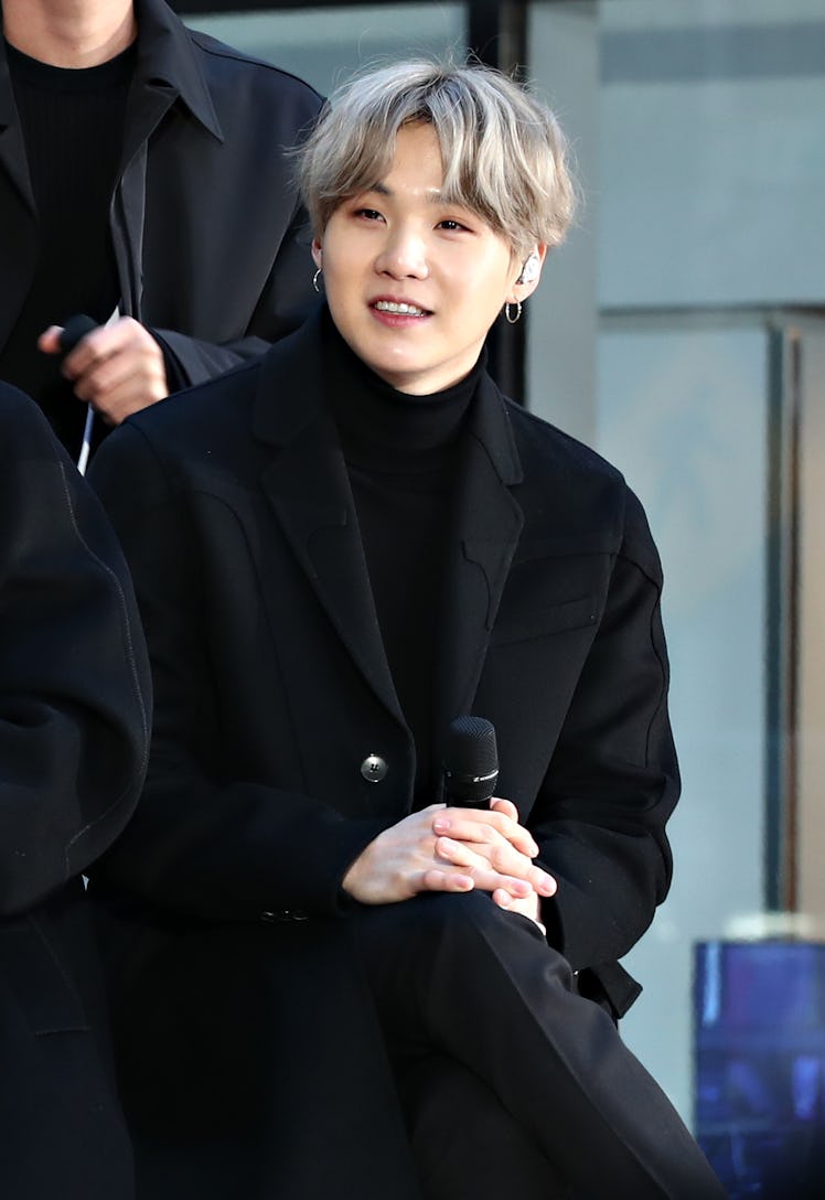 NEW YORK, NEW YORK - FEBRUARY 21: SUGA of the K-pop boy band BTS visit the "Today" Show at Rockefel...