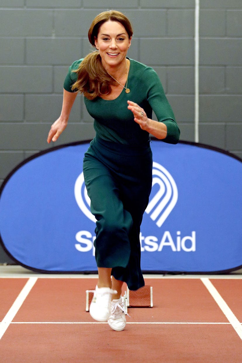 LONDON, ENGLAND - FEBRUARY 26: Catherine, Duchess of Cambridge is seen running during a SportsAid St...