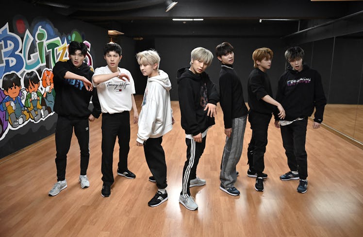 This picture taken on April 29, 2021 shows members of the K-pop boy band Blitzers performing during ...