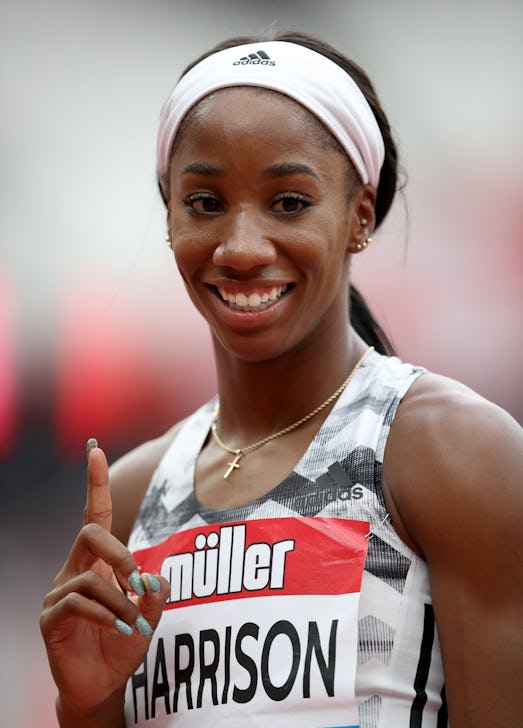 USA's Kendra Harrison celebrating after winning the Women's 100m hurdles at the Muller Anniversary G...