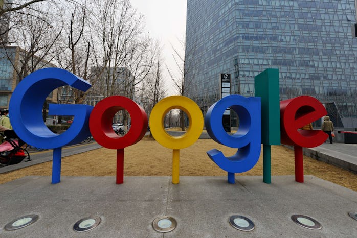 BEIJING, CHINA - MARCH 10, 2021 - A Google logo is seen in front of the Google building in Beijing, ...