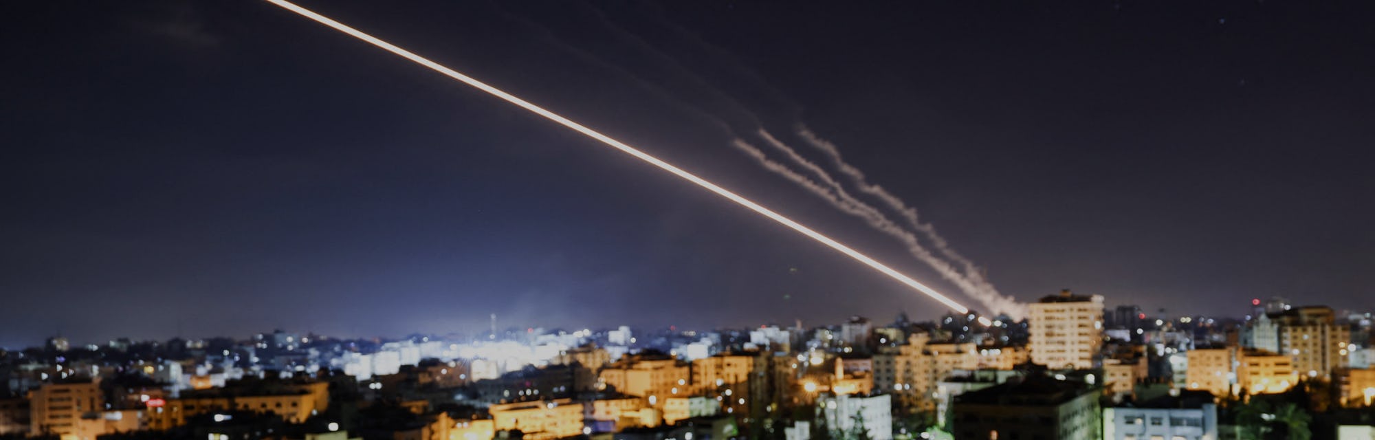 Rockets are launched from Gaza City, controlled by the Palestinian Hamas movement, towards Israel ea...