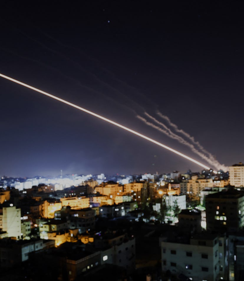 Rockets are launched from Gaza City, controlled by the Palestinian Hamas movement, towards Israel ea...