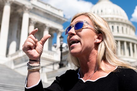 UNITED STATES - MAY 14: Rep. Marjorie Taylor Greene, R-Ga., speaks to reporters about her recent int...