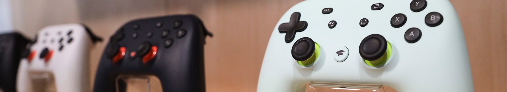 NEW YORK, NY - OCTOBER 15: The new Google Stadia gaming system controller is displayed during a Goog...