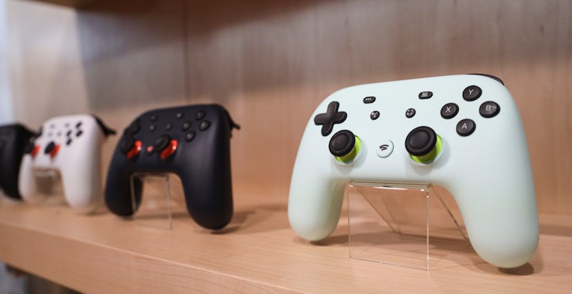 NEW YORK, NY - OCTOBER 15: The new Google Stadia gaming system controller is displayed during a Goog...