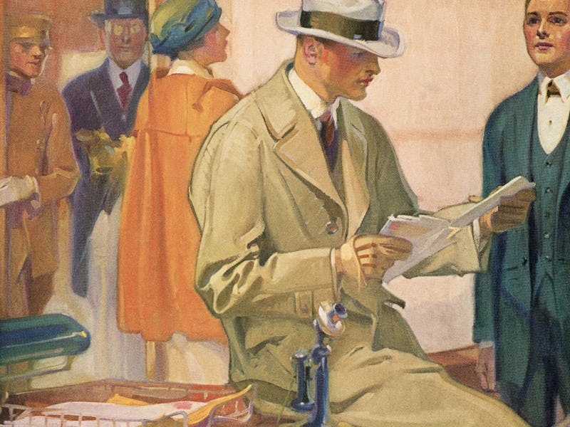 Illustration of a bussinessman in a trenchcoat reviewing his mail as he sits on a desk in a busy off...