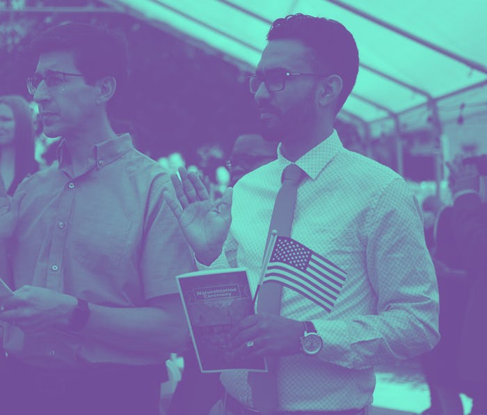 NEW YORK, NEW YORK - JUNE 14: People from a total of 27 nations participate in a Naturalization Cere...