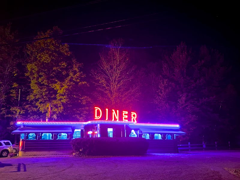 Illuminated signage and lighting at night at Martindale Chief Diner, Craryville, Columbia County, Ne...