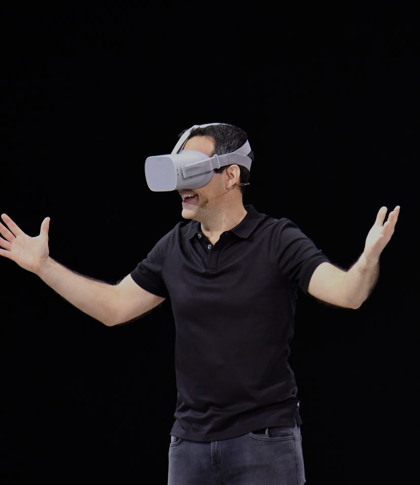 Facebook vice president of VR Hugo Barra demonstrates how to use the new Oculus Go during the annual...