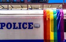 Colorful rainbow flag decorations in Manhattan during the LGBTQI Pride Event.