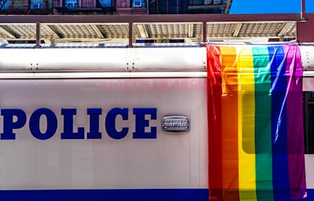 Colorful rainbow flag decorations in Manhattan during the LGBTQI Pride Event.