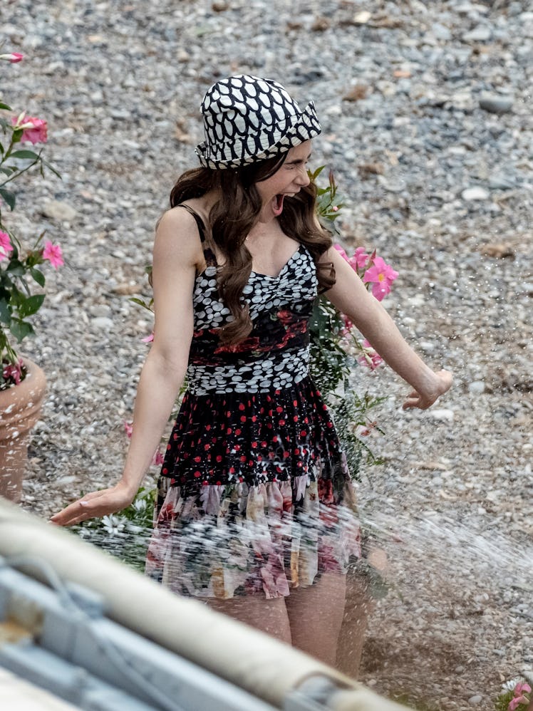 SAINT-JEAN-CAP-FERRAT, FRANCE - MAY 04:  Actress Lily Collins is seen filming on set of series two o...