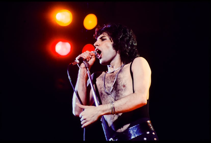 Singer Freddie Mercury of Queen performs Live at the Forum on March 3, 1977 in Inglewood California....