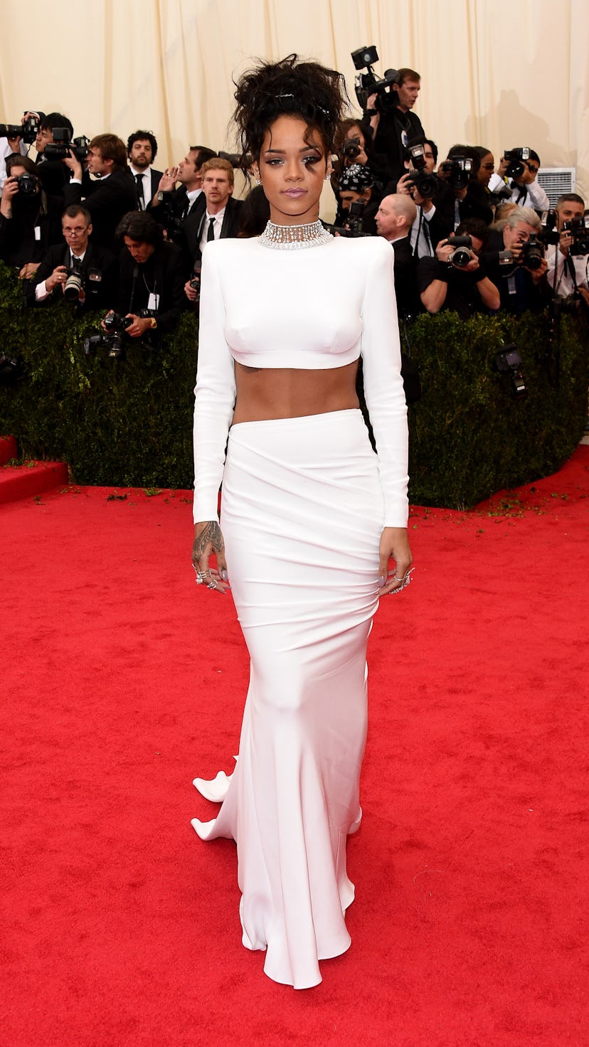 Rihanna wears a '90s-inspired white outfit at a previous Met Gala.