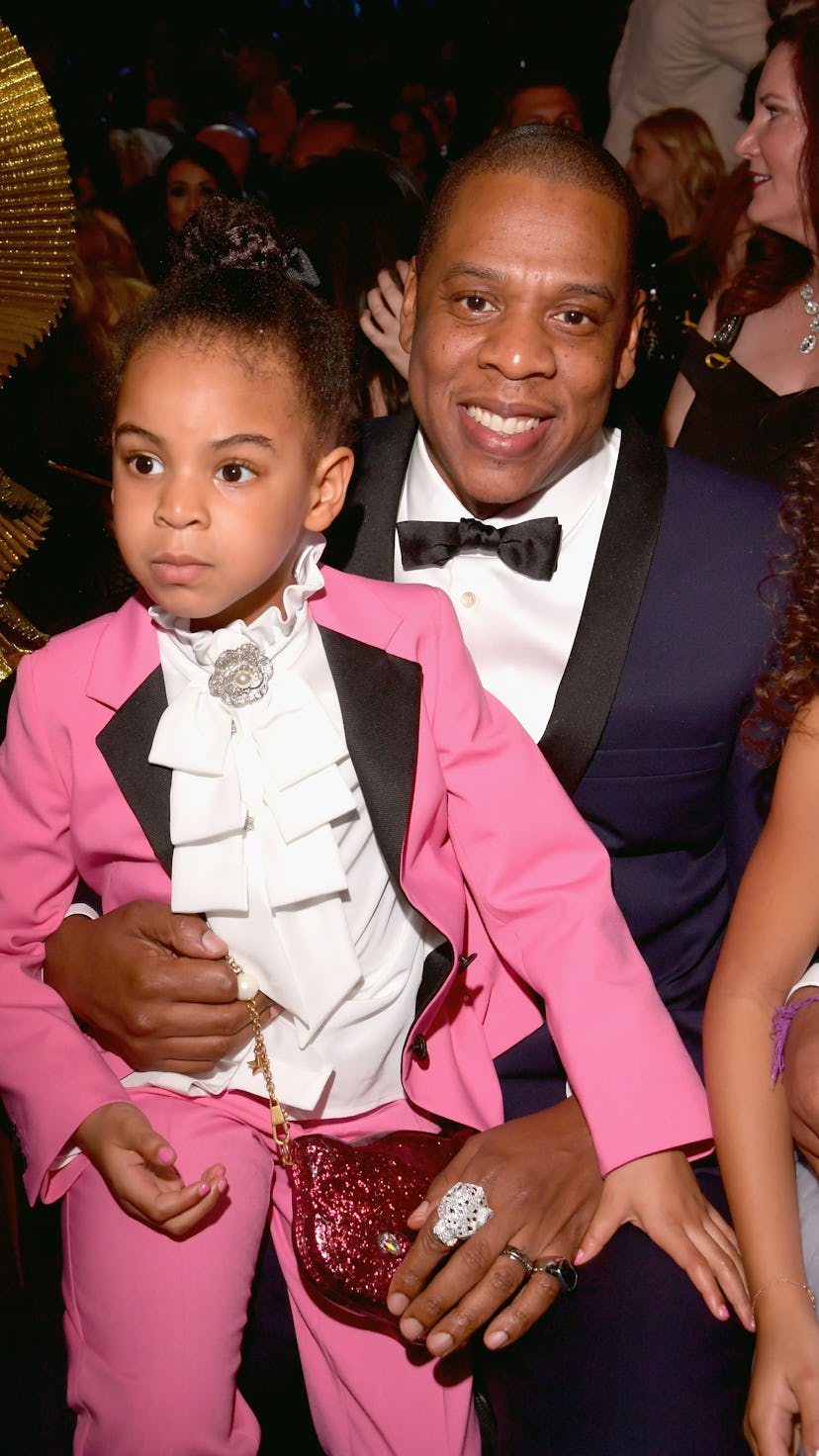 LOS ANGELES, CA - FEBRUARY 12:  Rapper Jay Z (R) and Blue Ivy Carter during The 59th GRAMMY Awards a...