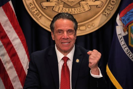 NEW YORK, NEW YORK - MARCH 24: New York Governor Andrew Cuomo speaks during a news conference at his...