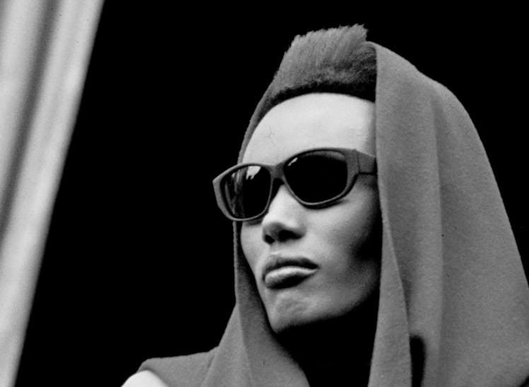 Jamaican actress, model, and singer Grace Jones at the 'View To A Kill' press photo call, 6/13/1985....