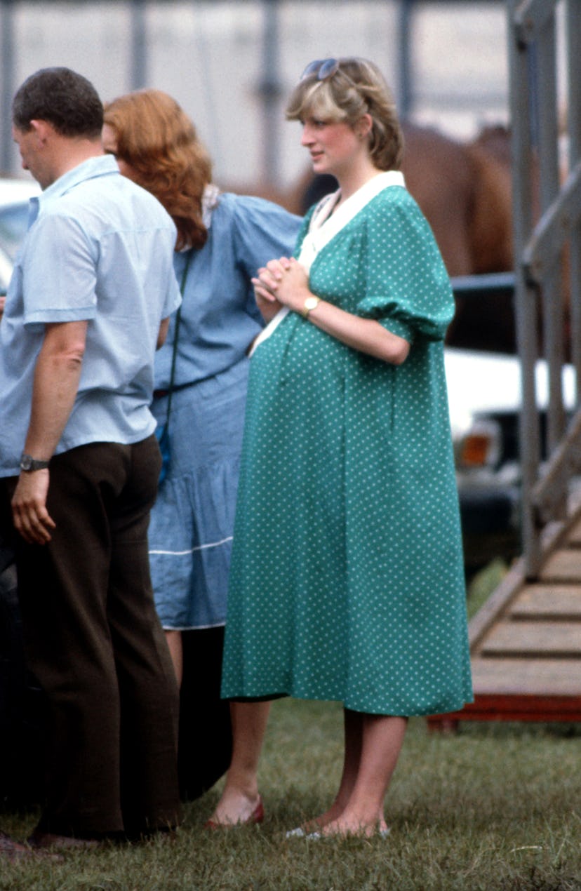 WINDSOR, ENGLAND - JUNE 06: Diana, Princess of Wales, wearing a green and white polka dot maternity ...