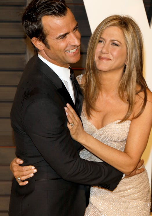 Actress Jennifer Aniston and Justin Theroux attend the Vanity Fair Oscar Party at Wallis Annenberg C...