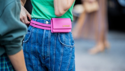 NEW YORK, NEW YORK - SEPTEMBER 09: Thora Valdimars is seen wearing denim jeans, pink Jacquemus fanny...