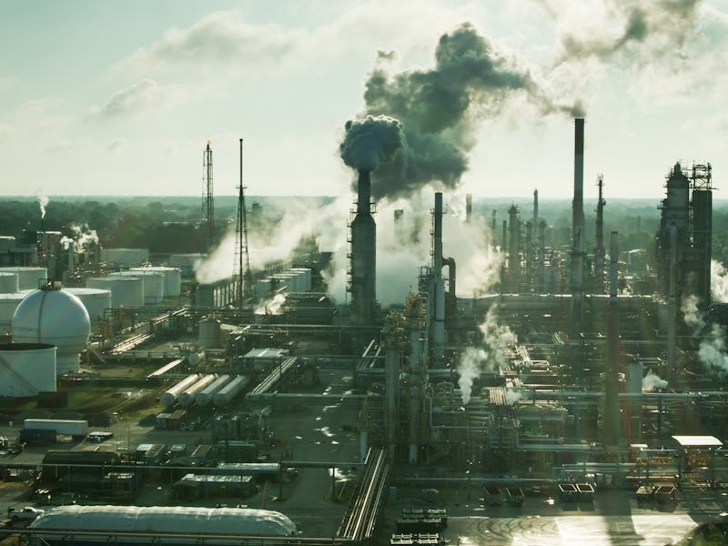 Aerial shot of a large oil refinery in East Toledo, Ohio on a summer morning.