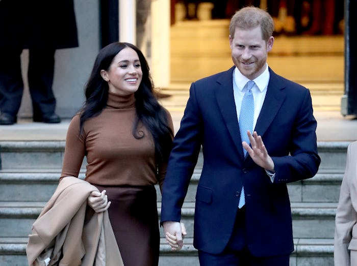 LONDON, ENGLAND - JANUARY 07: Prince Harry, Duke of Sussex and Meghan, Duchess of Sussex depart Cana...