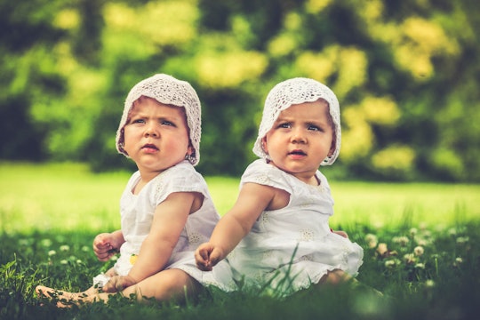 little baby twin sisters enjoying a summer day out in the green.