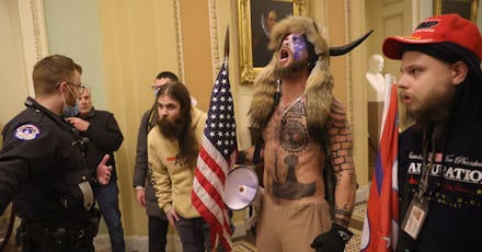 WASHINGTON, DC - JANUARY 06: Protesters interact with Capitol Police inside the U.S. Capitol Buildin...